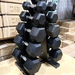 New In Box Rubber Coated Hex Dumbbells 5LB - 25LB Weight Barbell Home Gym RACK is INCLUDED