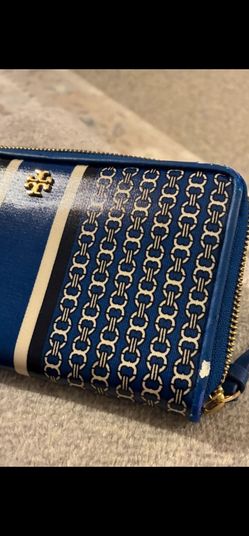 Tory Burch Blue Chain Print Zip Wallet