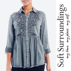 SOFT SURROUNDINGS Embroidered Vintage Washed Button Front Roll-Tab Sleeve Point Collar Tunic M.