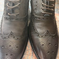 Men's Formal Business Shoes Dark Brown Waxy Grain Leather Lace-up Brogue Wingtip Oxfords MG1BRN10