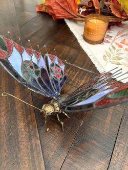 Stained Glass Butterfly Figurine with Brass Body