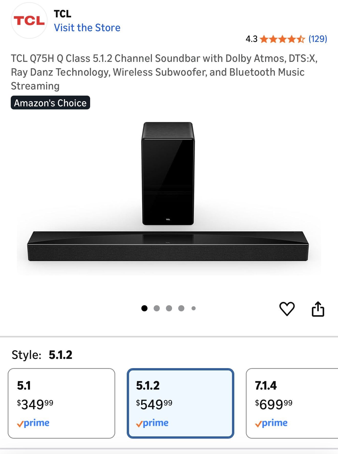 NEW TCL Q75H 5.1.2 Dolby Atmos Soundbar w/ Wireless Subwoofer (Sealed)