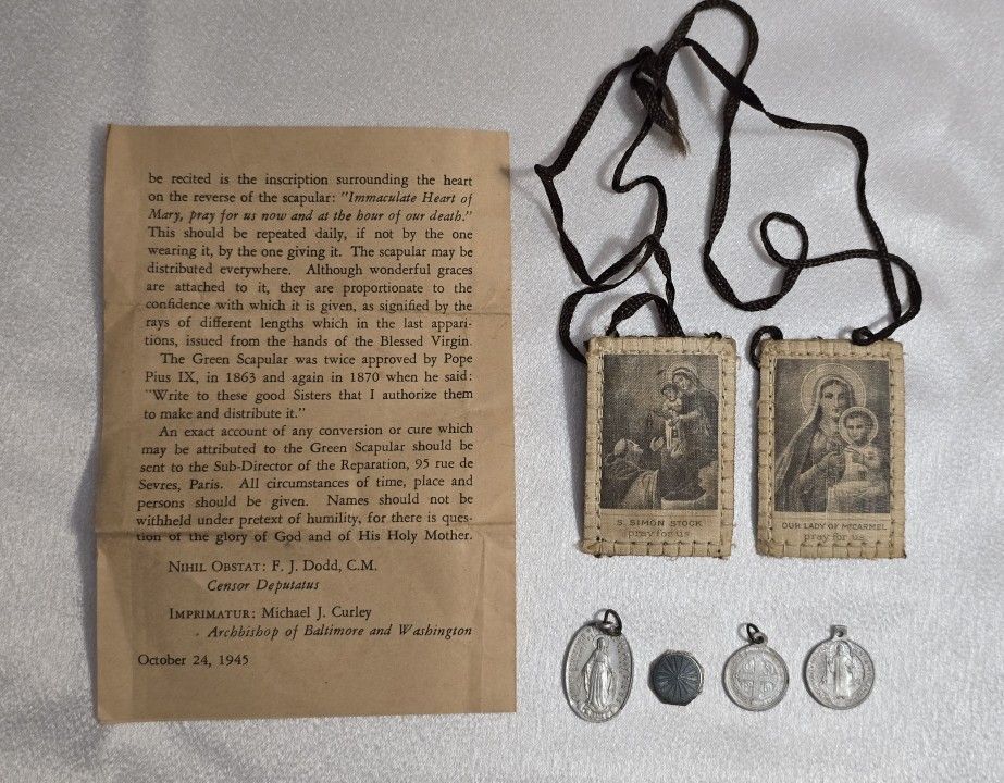 Catholic 1945 Mary Jesus Vintage 3 Medals 1 Scapular 1 Prayer Pamphlet Religious