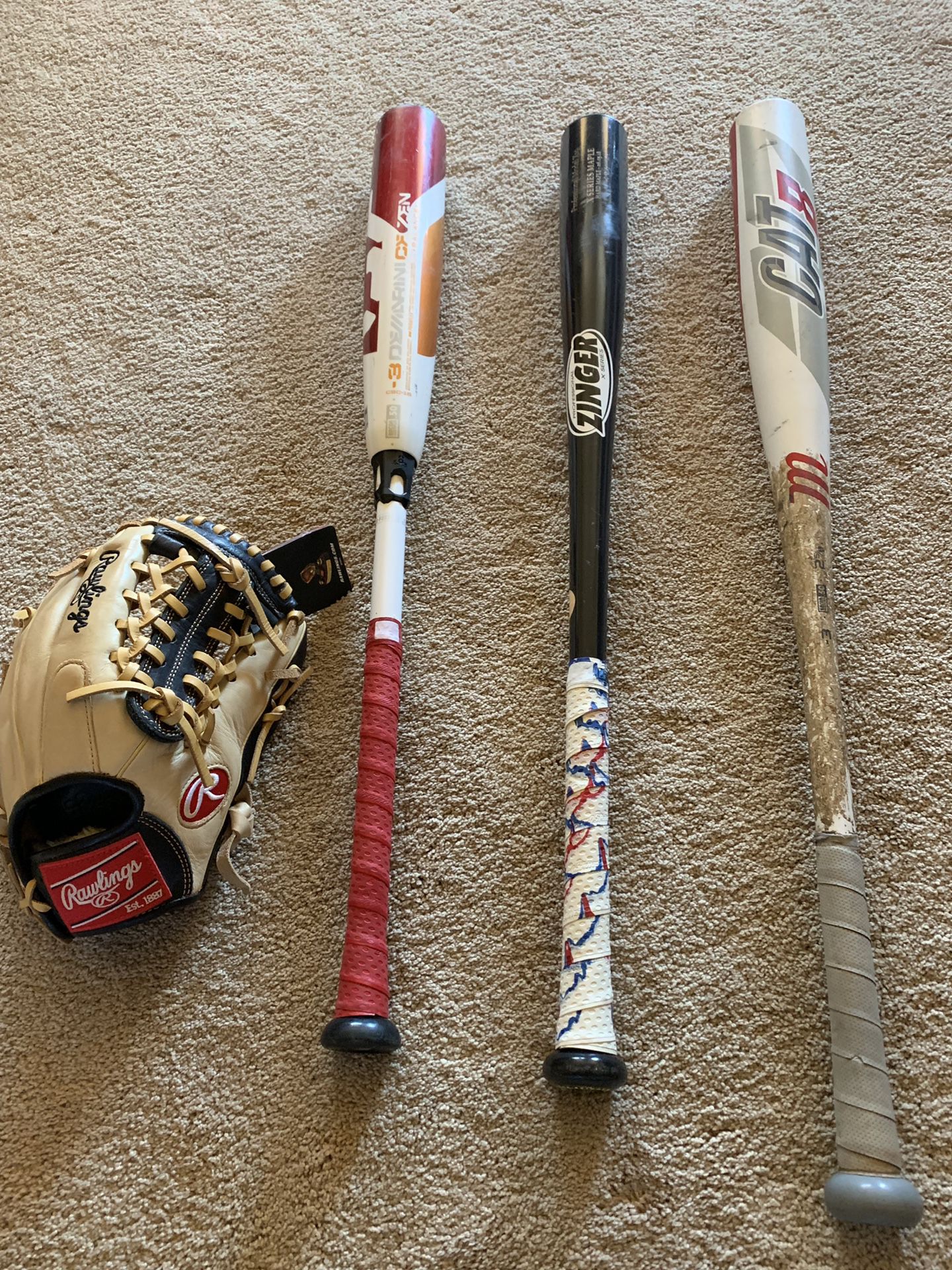 Baseball bats and glove