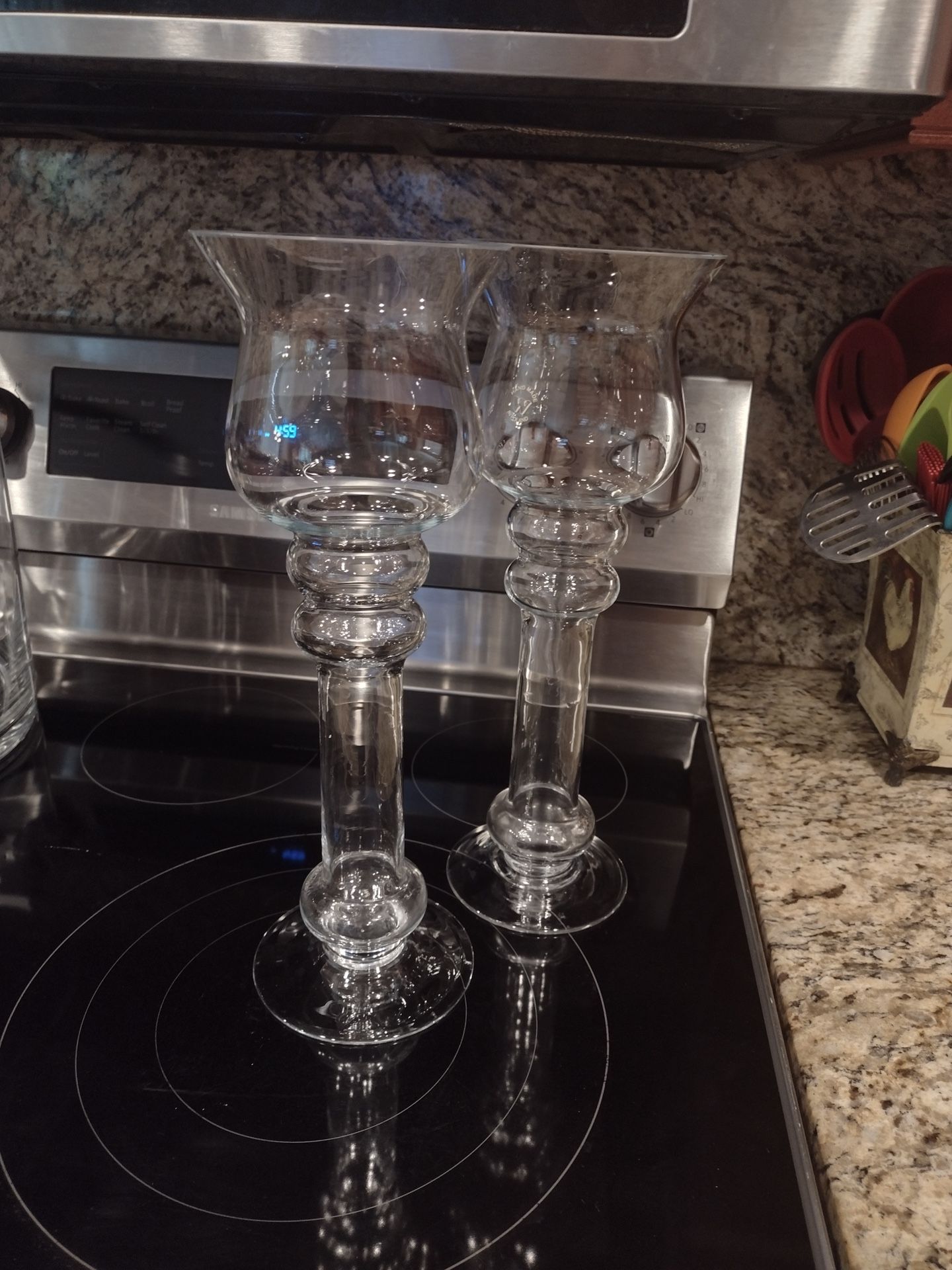 Glass Candle Holders, 14 Inches Tall And 5 Inches In Diameter. Made In Poland.