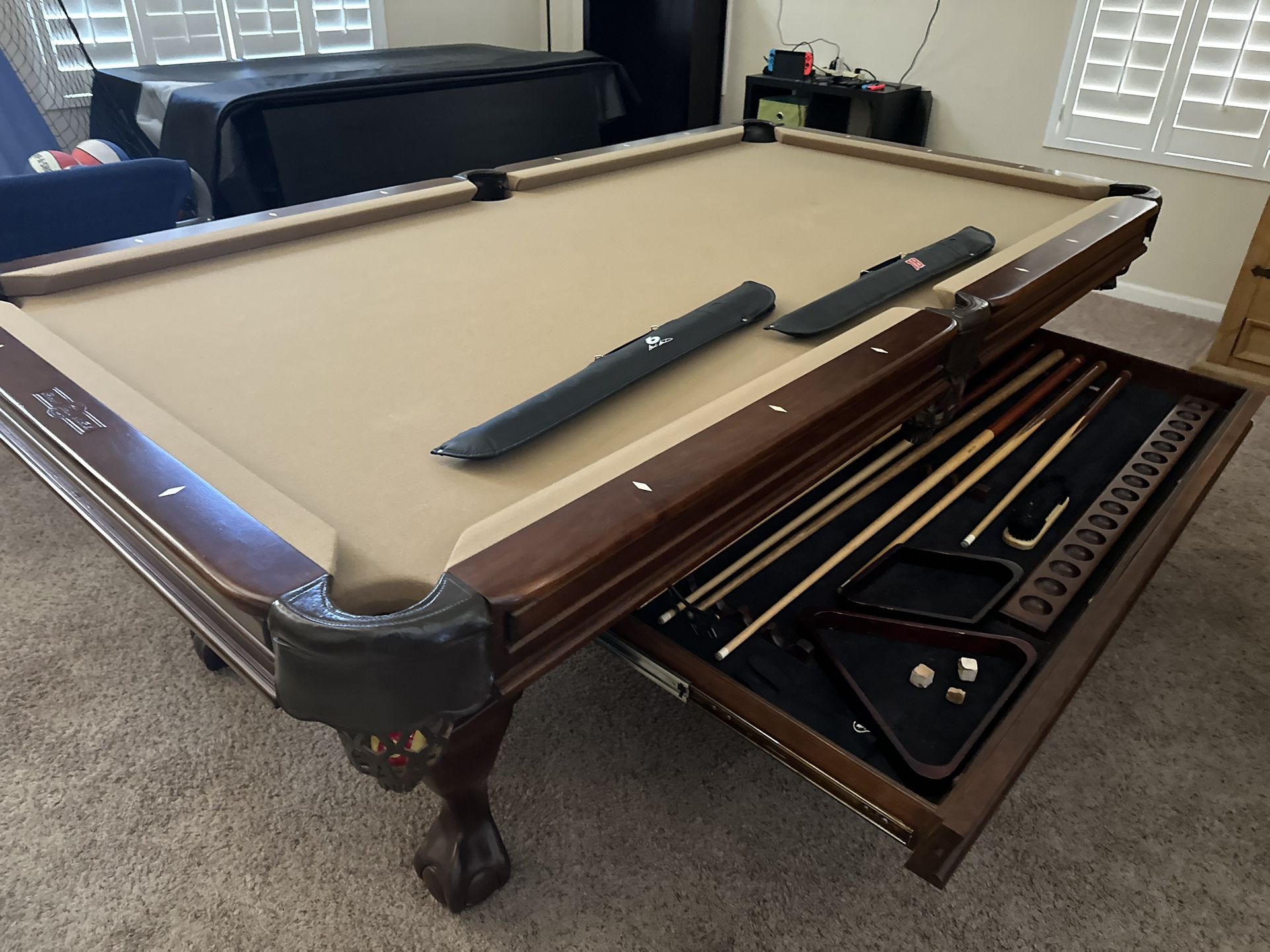 8 foot Beach Manufacturing, Gus Adams Collection, Pool Table with Hide-away Sliding Storage Drawer & Accessories