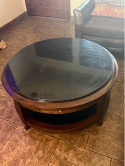 Marble, wood and glass round coffee table
