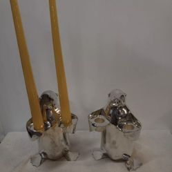 2 RESTORATION HARDWARE Silver Plated Penguin Twin Candle Holders 7.5”