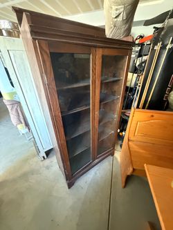 Tall Vintage Wood Glass Door Bookcase / Display Cabinet
