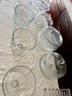 Table full; Vintage Cake Pastry serving/display Plates w detailed Dome Covers & Parfait Bowls, all Exc great for entertaining & collectors