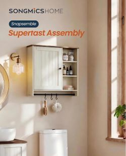 Home Bathroom Wall Cabinet, Snapsemble Superfast Assembly Over the Toilet Medicine Storage Cabinet with Adjustable Shelves, Rustic White and Honey Bro