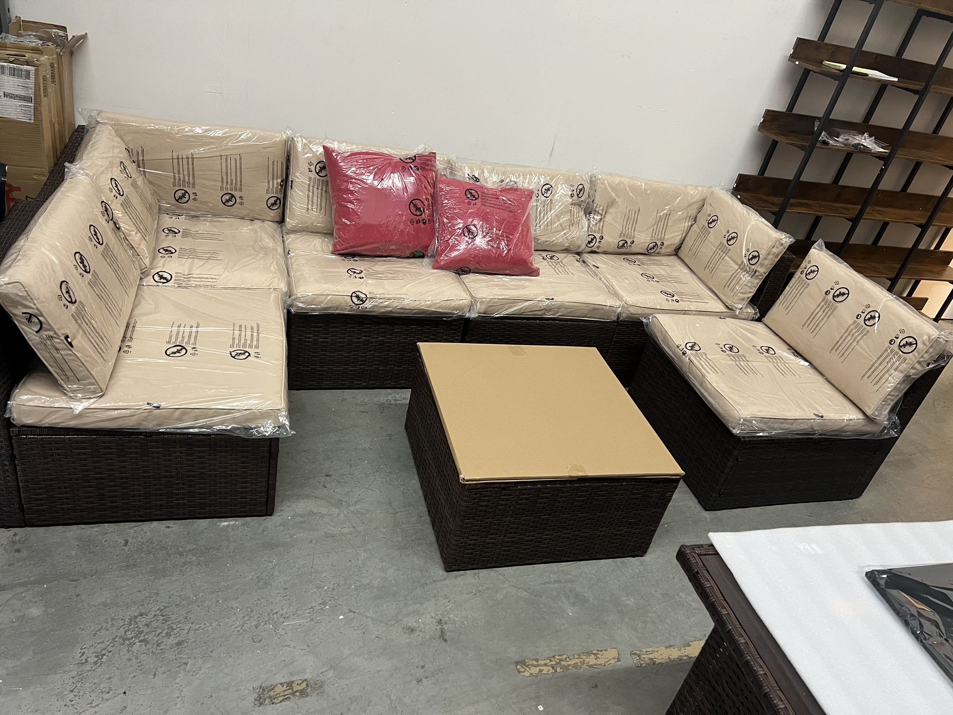 New, Patio Furniture Set 7 Pieces With Glass Coffee Table And Cushions (size In The Picture