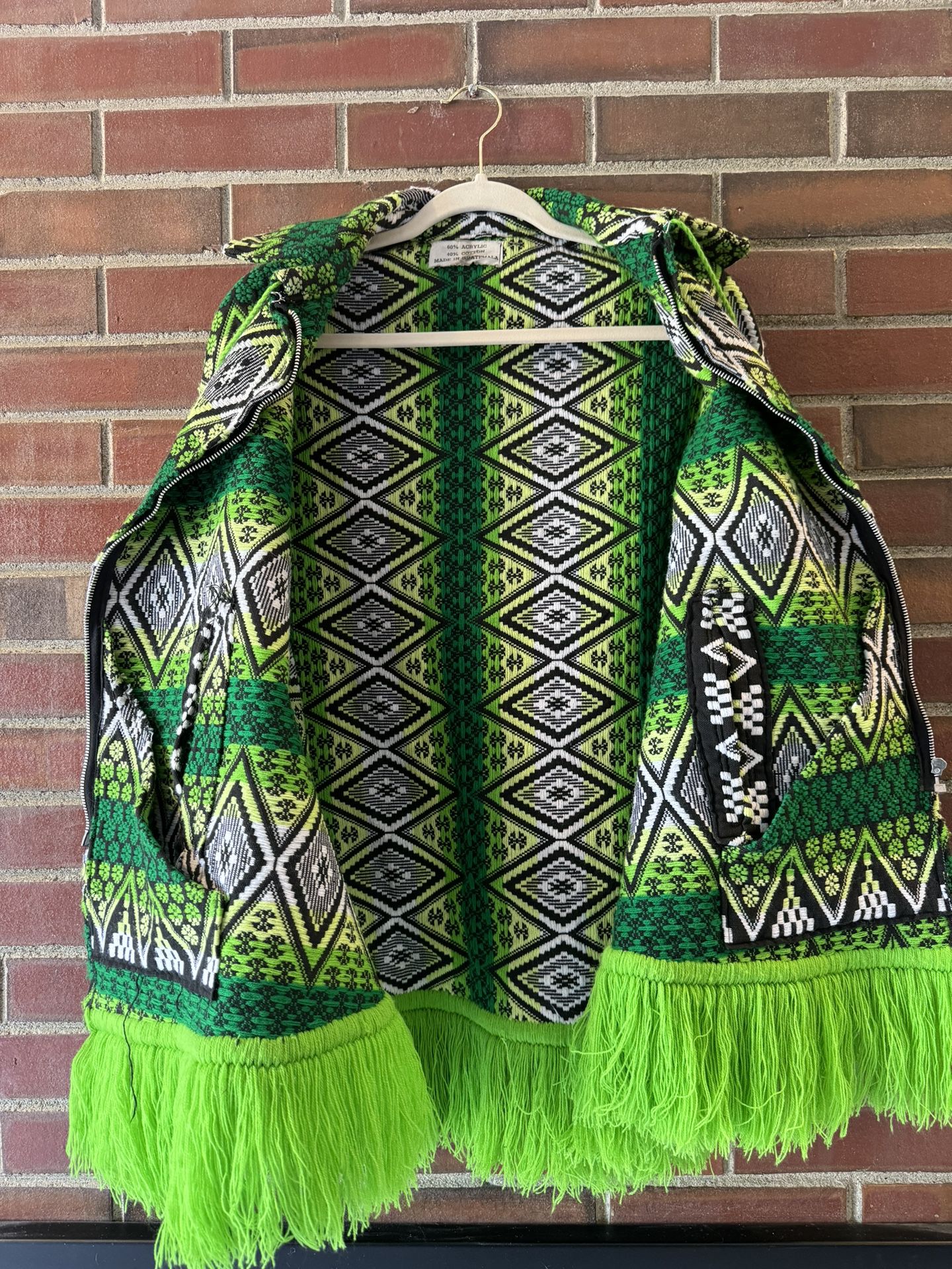 Vibrant Green Geometric Pattern Jacket (poncho) with Tassels