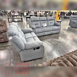 2- Pieces Gray color fabric manual reclining sofa set