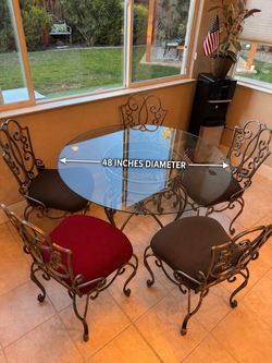 Glass Dining Table & 5 Wrought-Iron Chairs