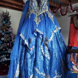 Royal Blue Quince Dress With Gold