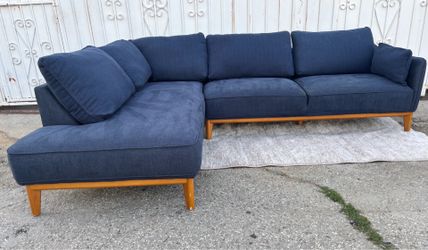 Modern Navy Blue Sectional Sofa Couch  Mid Century Style w/ Wood Legs