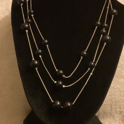 Triple Strand Silver Necklace With Black Beads,by NY