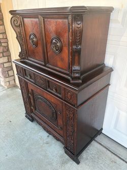 Antique Dark Wood Carved Cabinet Buffet