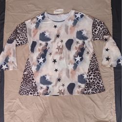 NEW W Tag 2XL XXL 3/4 Sleeve Gray Brown Beige Pink Peach Tunic Star Cheetah Top