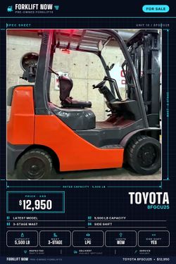 TOYOTA 8FGCU25 latest model forklift ,5500 lb,3 stage, side shift