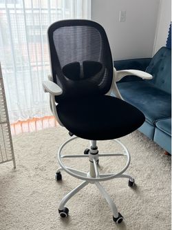 Standing Desk Chair with Lumbar Support and Adjustable Footrest Ring(White)