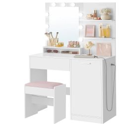 Vanity Desk With Mirror And Lights, 35.4-Inch Wide Makeup Vanity With Upholstered Vanity Stool, Power Outlets, Dimmable LED Lights, Storage Drawer, Fo