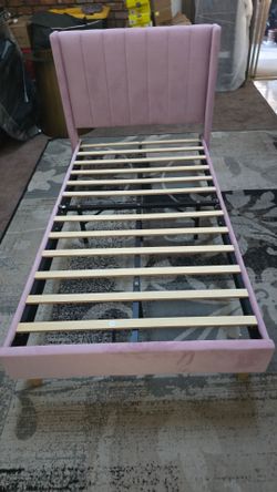 Twin Upholstered Platform Bed Frame with Wingback Headboard and Wooden Slats, No Box Spring Needed, Pink