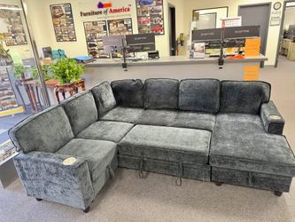 Charcoal Sleeper Sectional Sofa with Chaise and Cup Holders