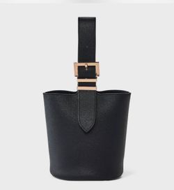 Black Leather Bucket Bag with Gold Buckle