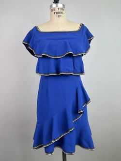 Rebecca Vallance Blue Off-The-Shoulder Ruffle Trim Cocktail Dress US 6