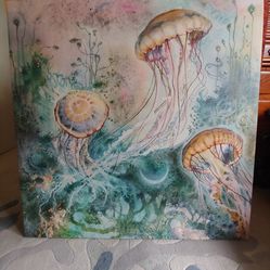 Ocean Jellyfish on Canvas - Artwork Painting 37x37