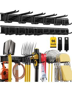 (Brand New in Box) YZSFMZGE 96" Garage Tool Organizer Wall Mount, 1250lbs Heavy Duty Garden Tool Storage Rack with 15 Adjustable Hooks for Yard, Shed,