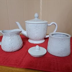 White Impressed Ceramic Snowflake Teapot w/Cream & Sugar by Global Design