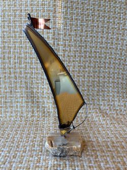 Vintage DeMott Agate Onyx Sailboat Sculpture 14.5" Tall Quartz Base