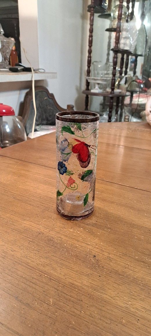 Lovely Crackle Glass Small Cylinder Vase W/Butterfly & Flower Design