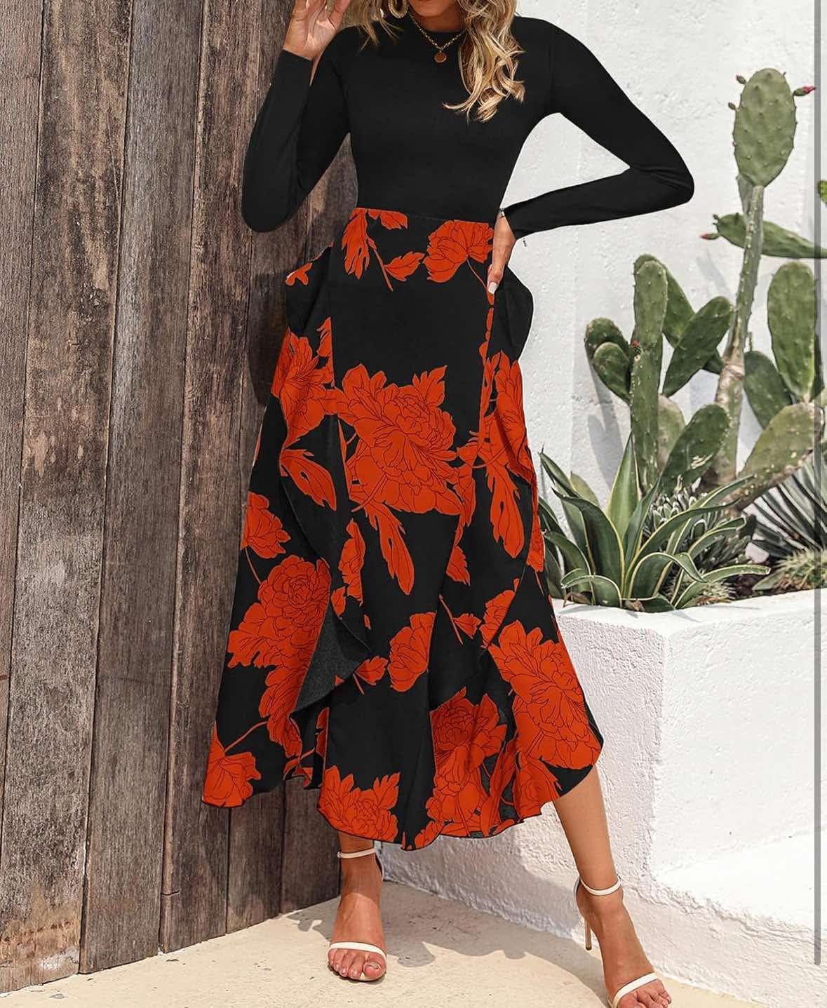 Floral Maxi Dress Casual Crewneck Long Sleeve Ruffle Flowy Cocktail Wedding R34, large