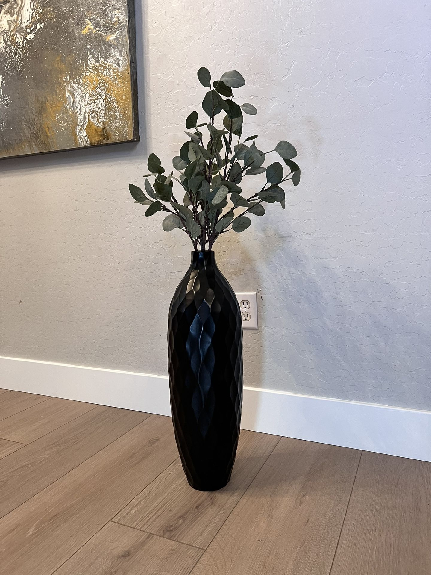 38” Tall Espresso Wood Vase With Artificial Eucalyptus Stems from Pier One Imports