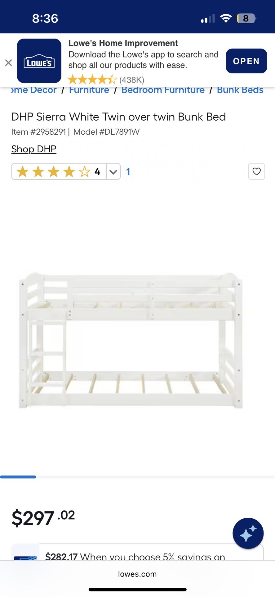DHP Sierra White Twin over twin Bunk Bed