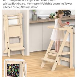 Foldable Toddler Tower, Wooden Toddler Kitchen Stool with 3 Adjustable Heights