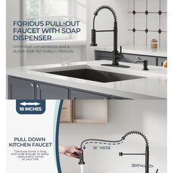 FORIOUS Grifo de cocina negro con dispensador de jabón, grifo de fregadero comercial de resorte moderno de acero inoxidable con rociador desplegable p