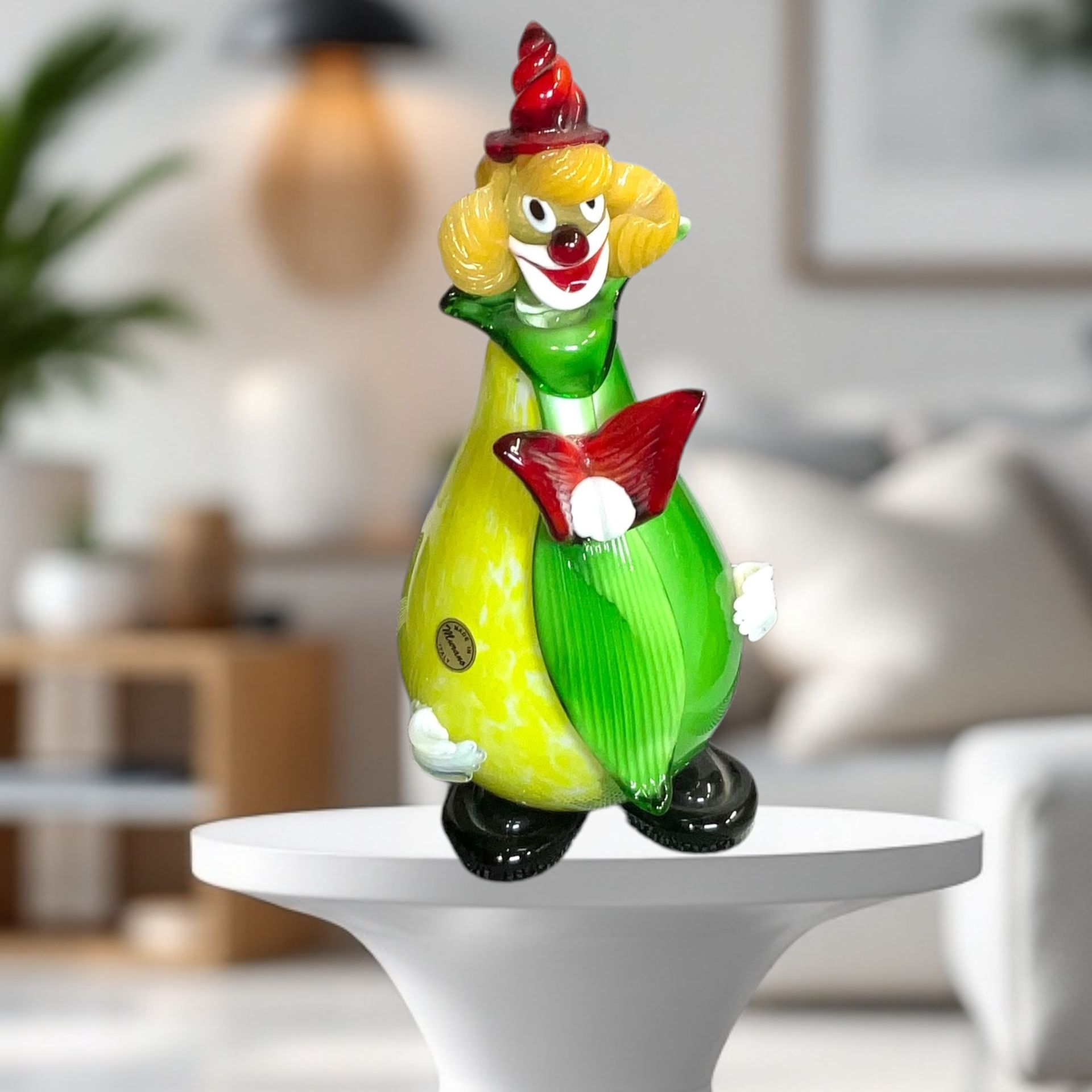 Vintage Murano Italy Glass Pear-Shaped Clown Green  & Yellow w Red, White, Black Accents