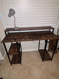 Modern Rustic Brown & Black Metal Computer Desk with Keyboard Tray