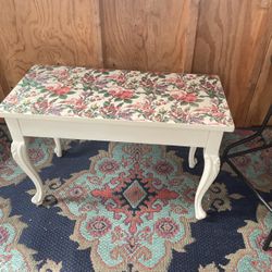 Solid Wood White Bench Stool Or Table/ Shoe Bench With Storage. Top Opens. Flower Detail