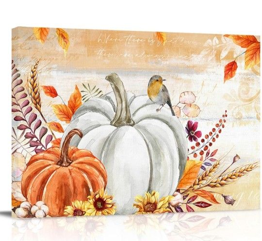 Thanksgiving Canvas Prints Wall Art Fall Maple Leaf Pumpkin Framed Picture, Vintage Stamp Letter Painted Artwork Oil Painting for Home Bedroom Living 