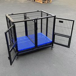 $130 (New in Box) Folding dog cage 37x25x33” heavy duty double-door kennel w/ divider, plastic tray 