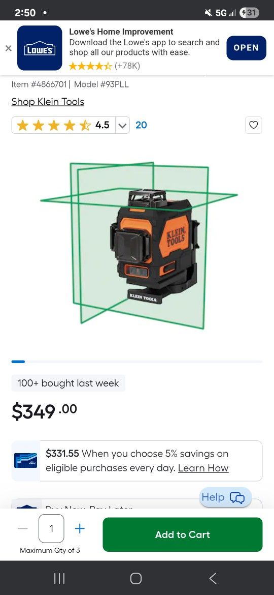 Klein Tools Planar Laser Level Model#93PLL