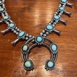 Incredible Hand Crafted Navajo Sterling Silver Turquoise Squash Blossom Necklace
