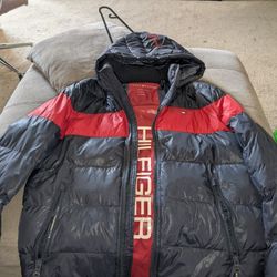 Tommy Hilfiger Blue / Red Hooded Puffer Jacket Mens  Sz Medium 