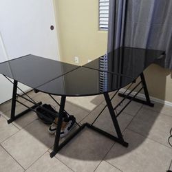 L Shaped Black Temepered Glass Table With Drawer.